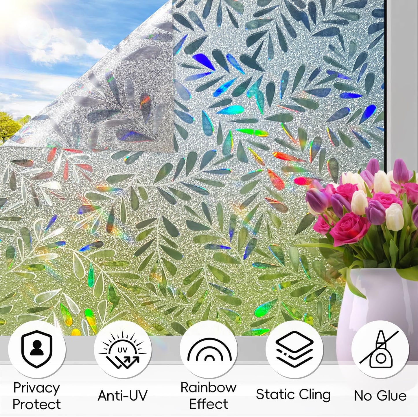 DUOFIRE Window Privacy Film Rainbow Window Film Decorative Leaves Pattern Window Cling Frosted Reusable Anti-UV Non-Adhesive Static Cling Privacy Film for Home Office 11.8 × 47.2 inches