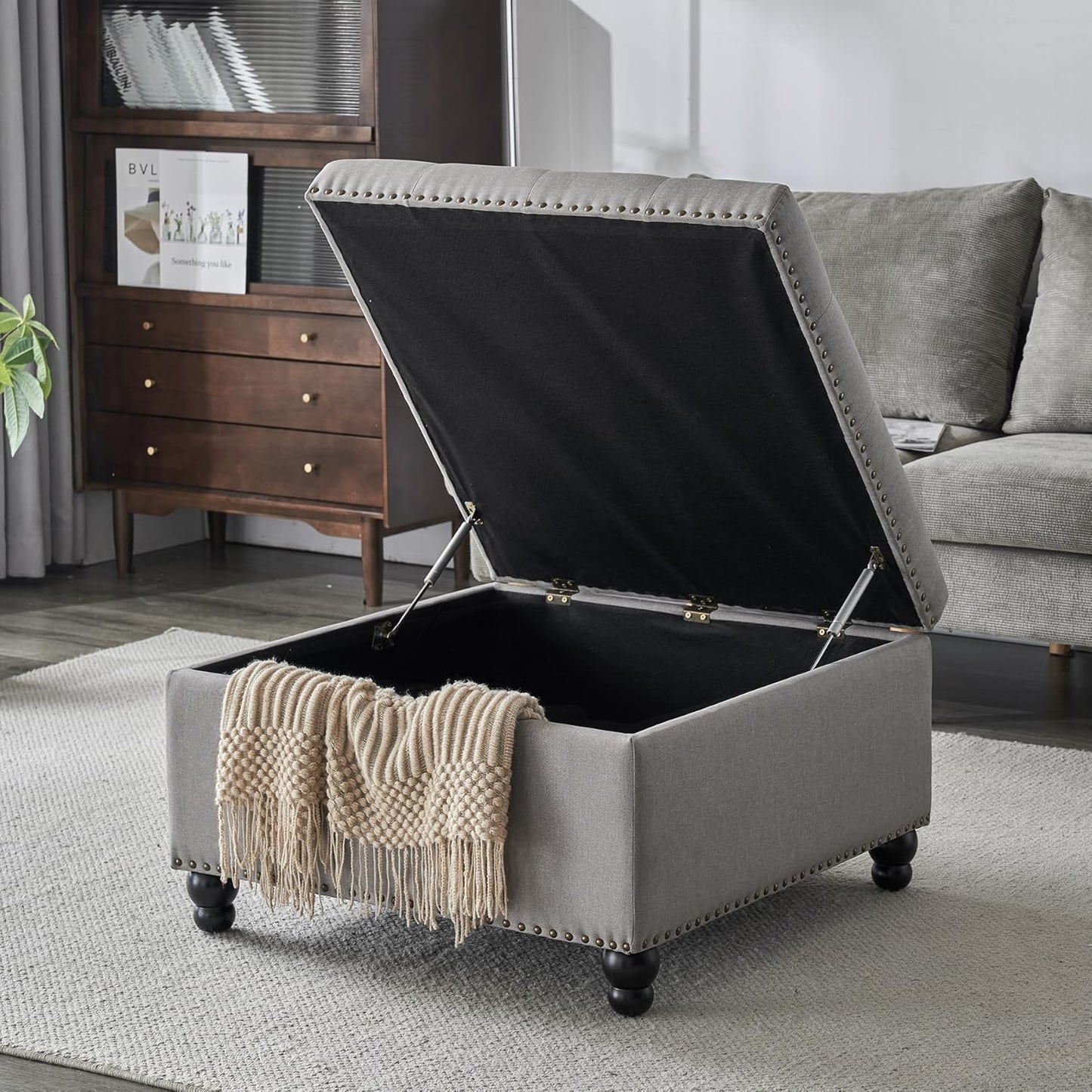 Ottoman with Storage, Large Storage Ottoman, 30 in Square Ottoman Coffee Table,Tufted Upholstered Coffee Tables for Living Room, Grey