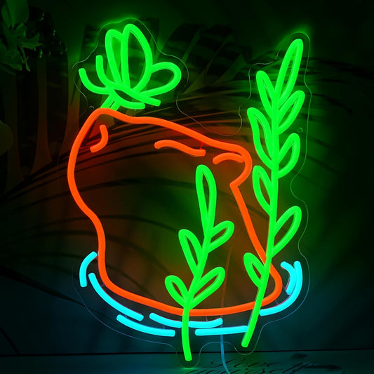 LISIGNVE Capybara Swim Neon Sign Butterfly Led Sign Dimmable Switch Cartoon Animal Neon Light Sign for Children’s Room Cute Capybara Neon Light for Bedroom Pet Shop Water Park Wall Decor
