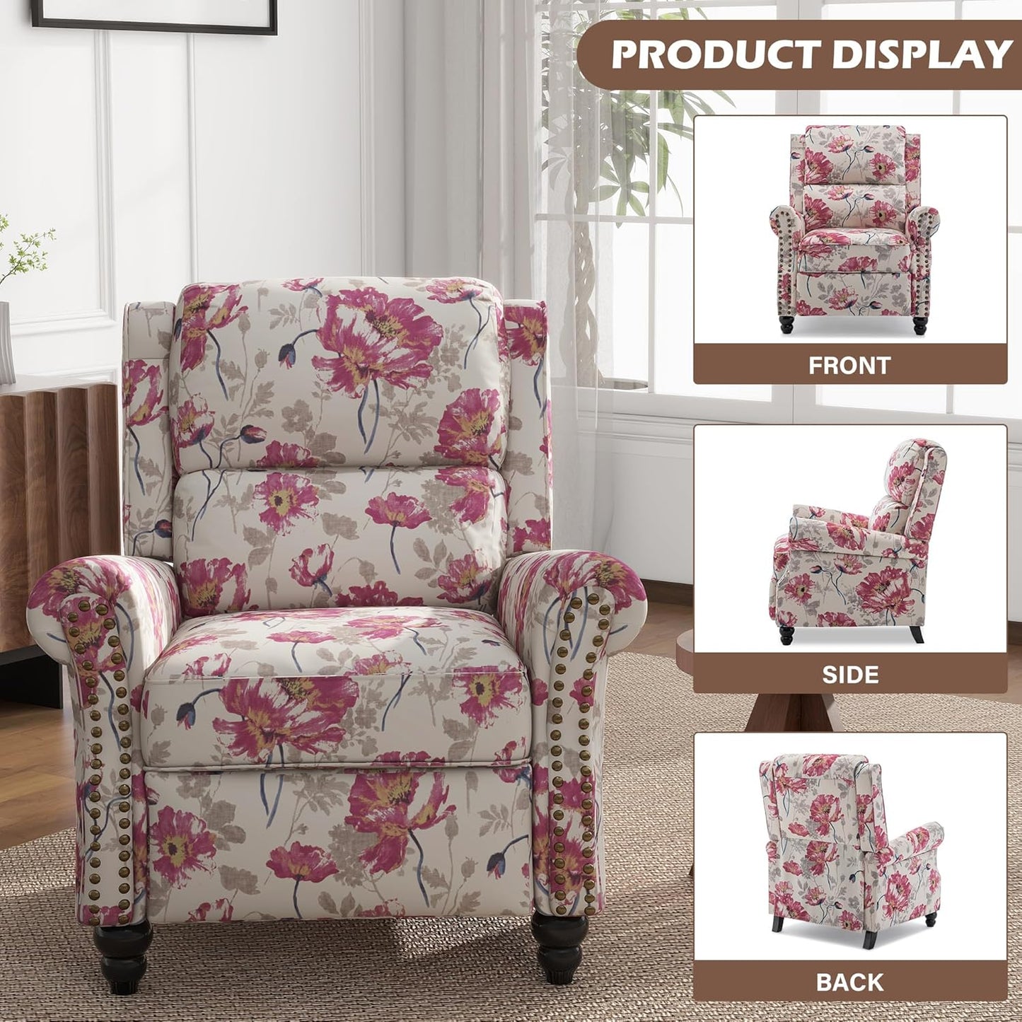 UIXE Pushback Recliner Chairs Set of 2, Fabric Armchair Push Back Accent Chair, Rivet Trim Club Chair Home Theater Overstuffed Single Sofa Reading Seat for Living Room, Pattern