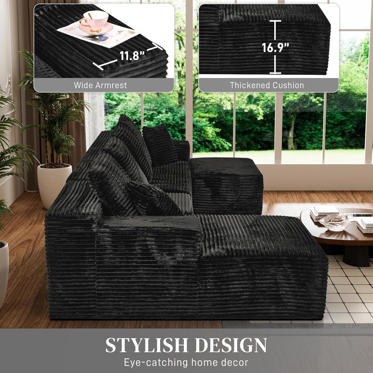 Modular Sectional Sofa Cloud Sectional Couch, 107" Comfy Fluffy U Shaped Black Couches for Living Room, Deep Seat Memory Foam Plush Corduroy Boneless Couch Sectionals with Left Facing Chaise Sofa