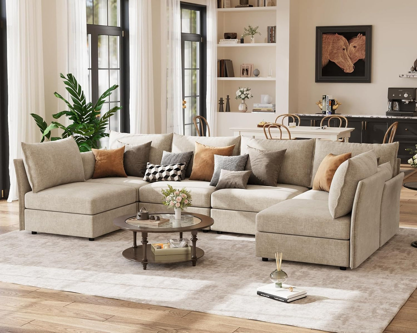 134.6" Oversized Modular Sectional Sofa, Large 6 Seater U Shaped Couch Deep Seat for Living Room, Apartment - Chenille Beige