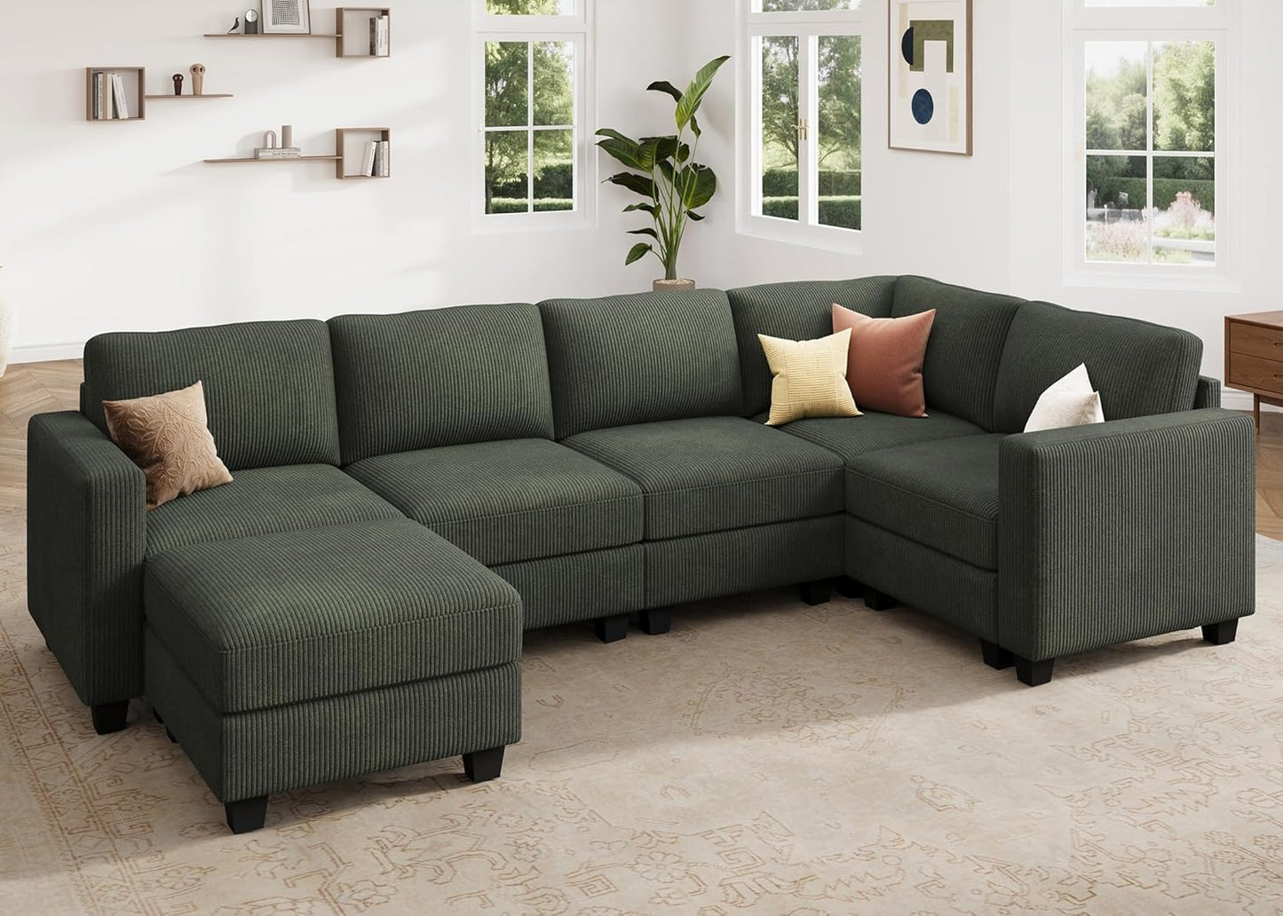 HONBAY U-Shaped Corduroy Sectional Couch with 6 Seaters Modular Sectional Sofa with Storage Sectional Couches for Living Room, Green