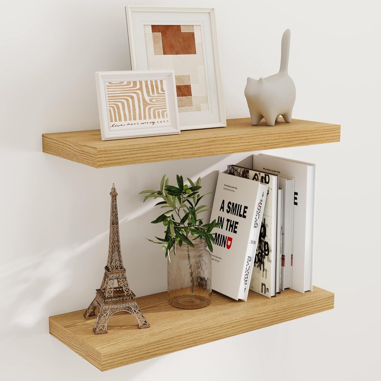 24 x 9 Floating Shelves, 9 Inch Deep Floating Shelf Wall Mounted, 24 Inch Bathroom Shelves Set of 2, Rustic Wood Wall Shelf for Bedroom, Living Room, Oak Color