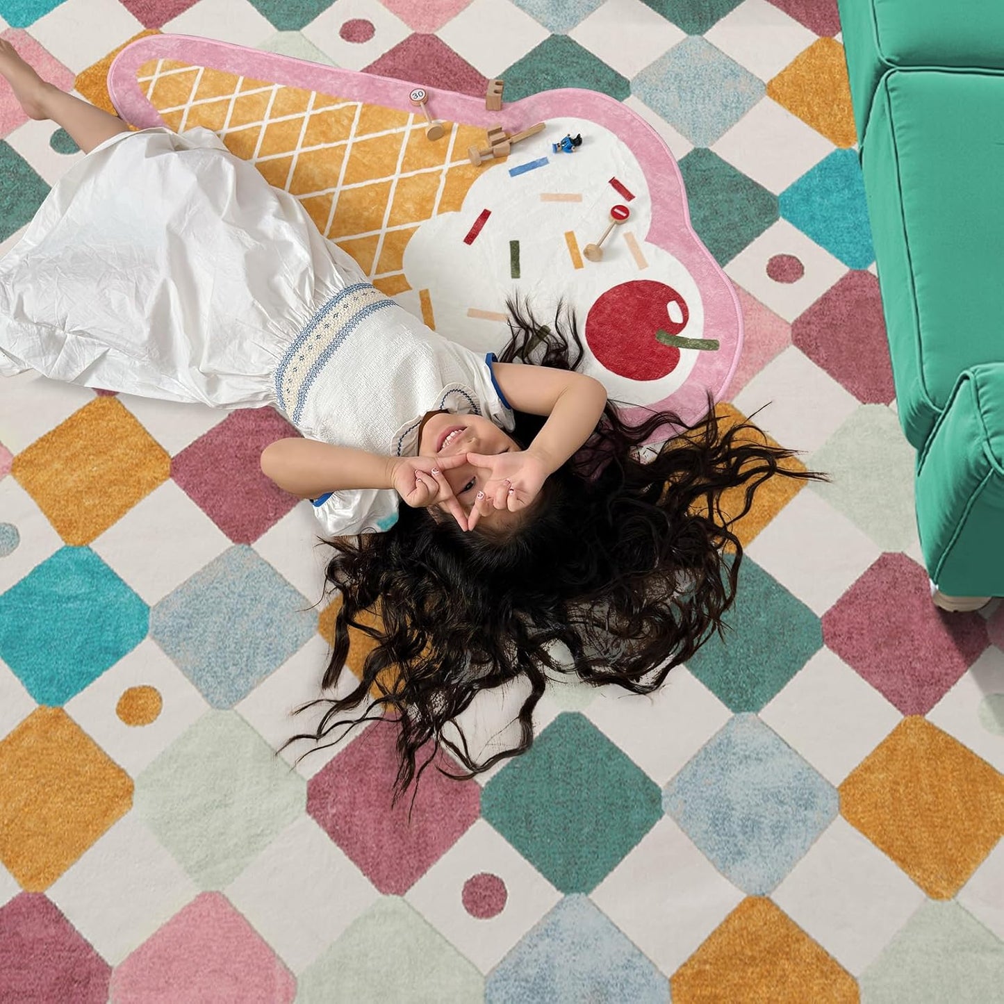 jinchan Area Rug 4x6 Kids Washable Indoor Floor Cover Non-Slip Modern Soft Rug Elementary School Classroom Colorful Diamond Carpet for Nursery Playroom Daycare Bedroom Living Room Confetti on Cream