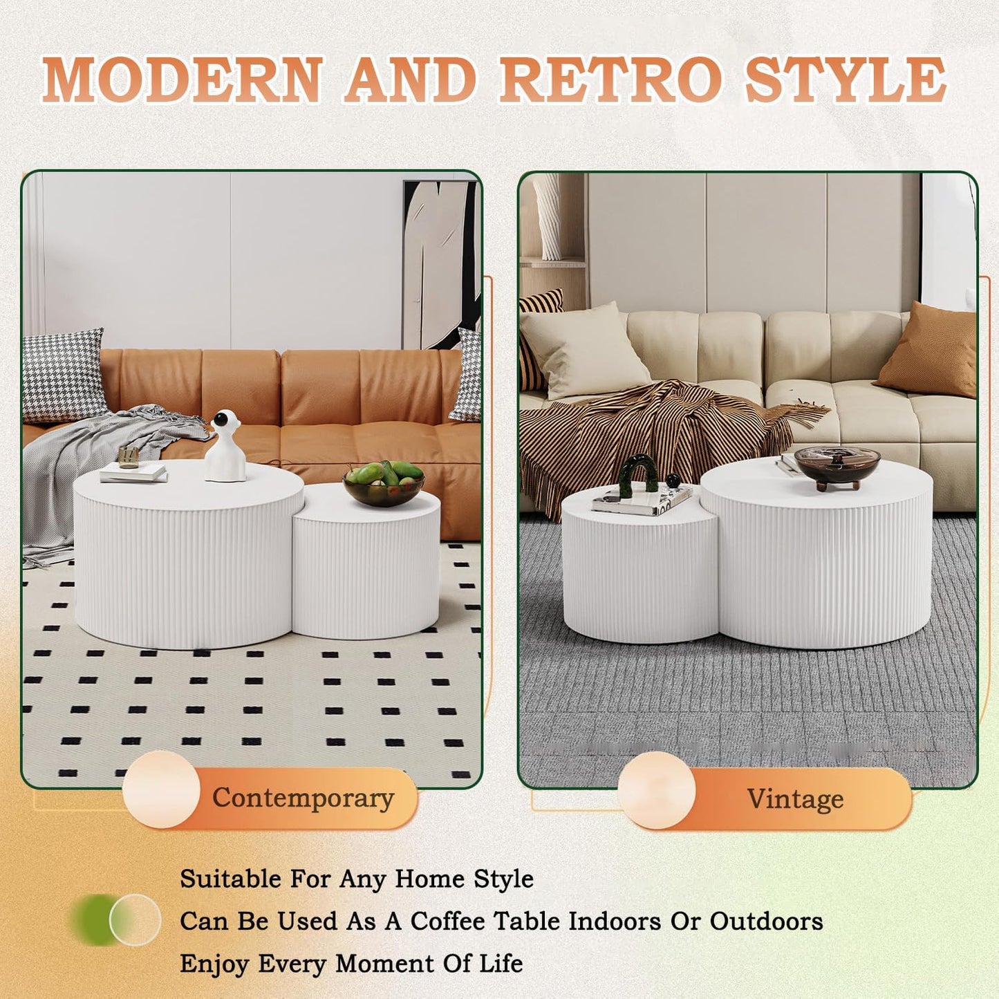 Round Nesting Coffee Table Modern Fluted Coffee Table Set of 2 Circle Drum Coffee Tables Small Round Accent Side End Table for Living Room No Assembly (White B 27in)