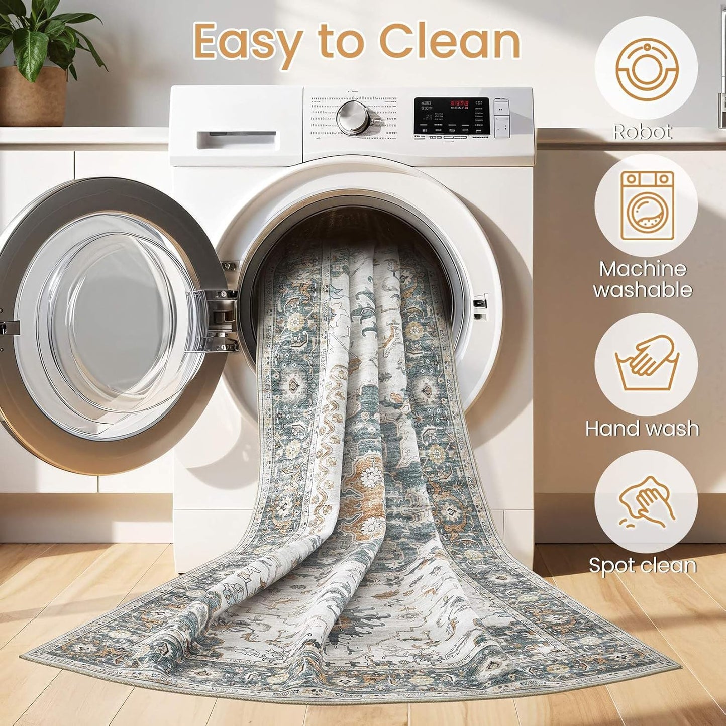 Washable Area Rugs for Living Room - 5x7 Neutral Vintage Distressed Floral Farmhouse Boho Large Soft Floor Rug Indoor Non Slip Carpet for Living Room Bedroom Dining Room Office - Green/Grey