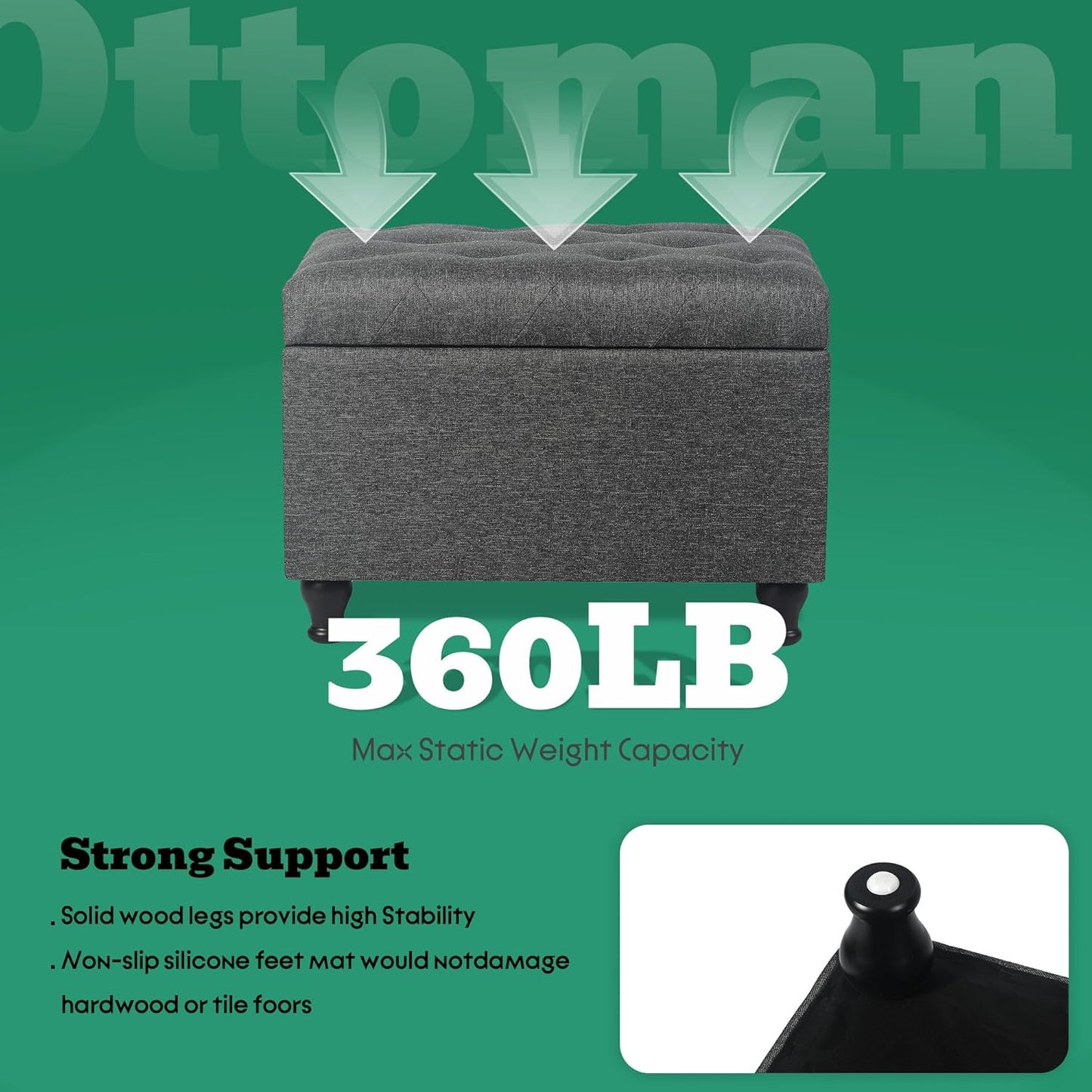 Ottoman with Storage 24'' Storage Ottomans Linen Fabric Ottoman Footstools Small Upholstered Foot Rest Stool for Couch, Living Room, Bedroom, Entrance Shoe Bench Dark Grey