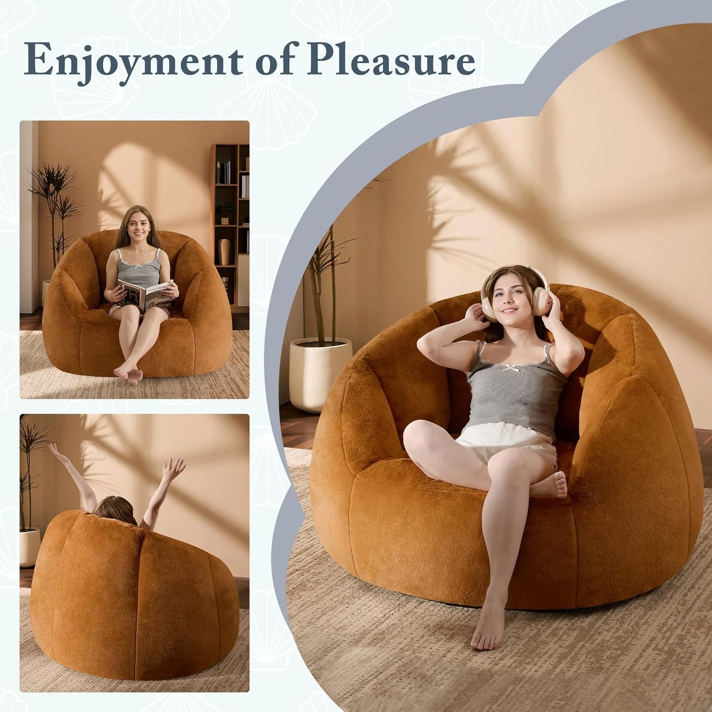 Giant Bean Bag Swivel Chair for Adults - Comfy Plush Round Shell Soft Accent Chaise Lounge Indoor Chair, Oversized Cozy Floor Sofa for Living Room, Bedroom & Game Rooms, Orange