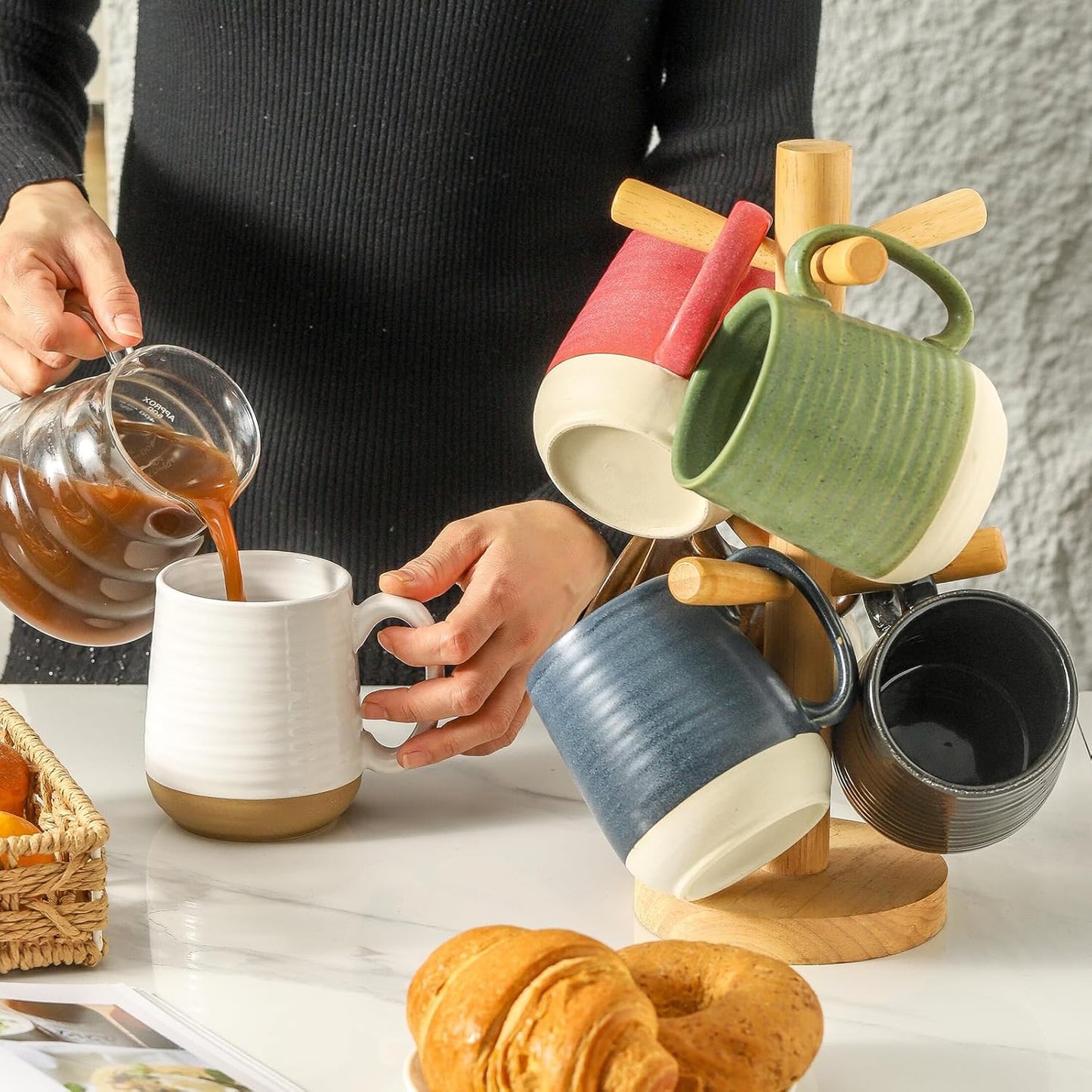 Hasense Porcelain Coffee Mugs Set of 6, 15 Ounce Large Ceramic Coffee Cups Set with Handle for Latte, Tea, Cocoa and Hot Chocolate, Colorful Coffee Mugs for Men and Women, Microwave Safe