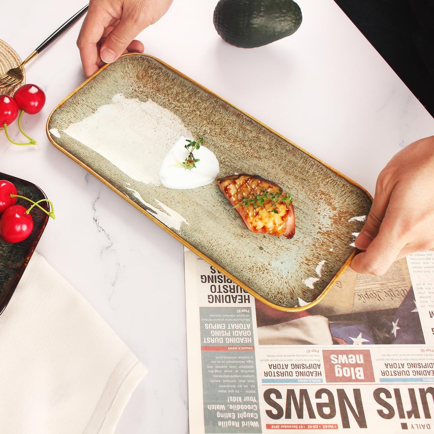 Ceramic Dinner Plates Dish Set, Set of 4, Microwave Oven and Dishwasher Safe,Scratch Resistant, Dinnerware Kitchen Porcelain Serving Dishes Brown glaze change, 12.4 Inch Rectangle plate