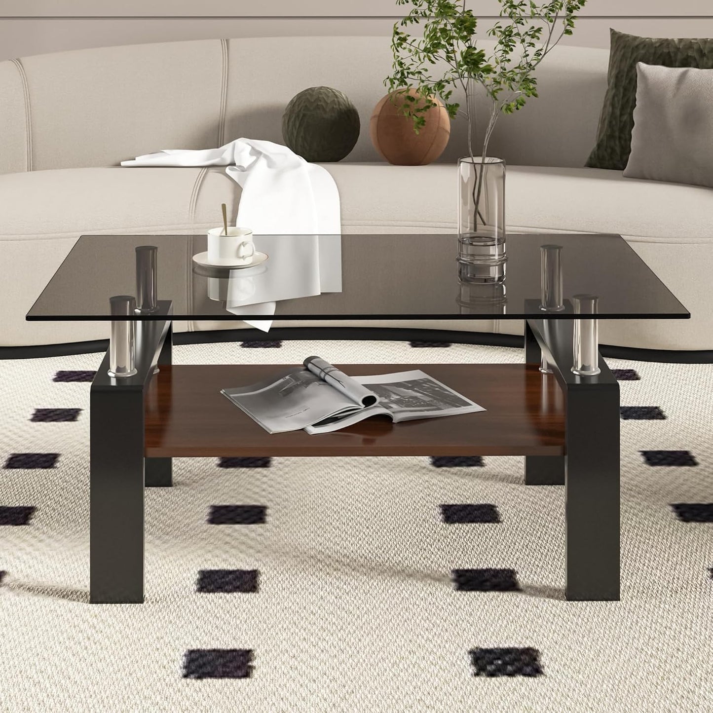 Glass Coffee Table Rectangle Living Room Center Table, with Gray Tempered Glass Tabletop and Brown MDF Layer,for Living Room and Office, Gray+Brown