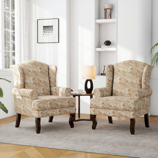 Accent Chair, High Back Upholstered Armchair with High Resilience Sponge & Wood Legs, Mid-Century Modern Comfy Single Sofa Reading Chairs for Living Room, Bedroom (Floral Sand, Set of 2)