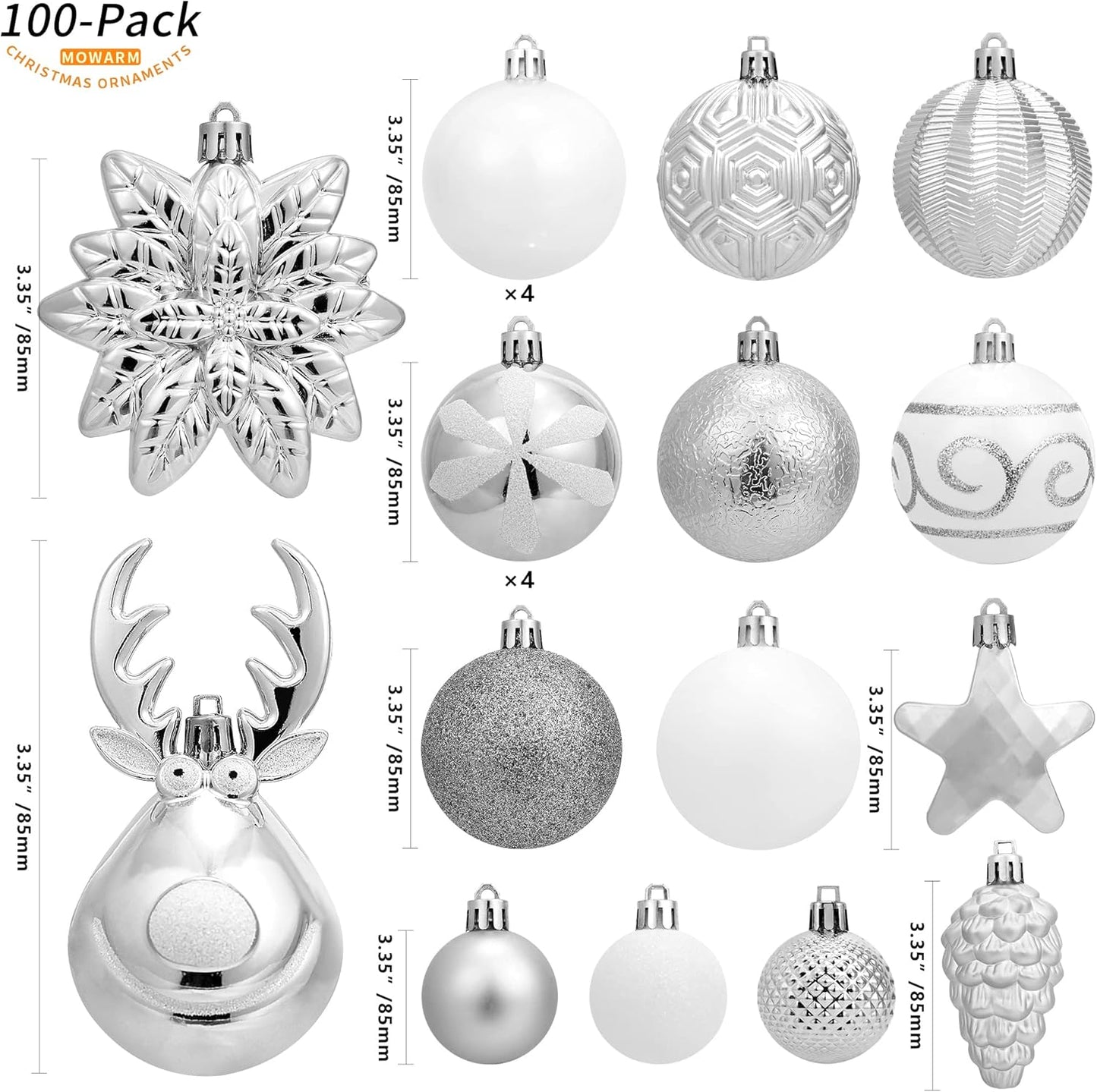 100 Pack Christmas Ball Ornaments,Silver and White Plastic Christmas Balls Shatterproof Christmas Tree Decorations in Indoor,Holiday Xmas Tree Decor Hanging Baubles Balls