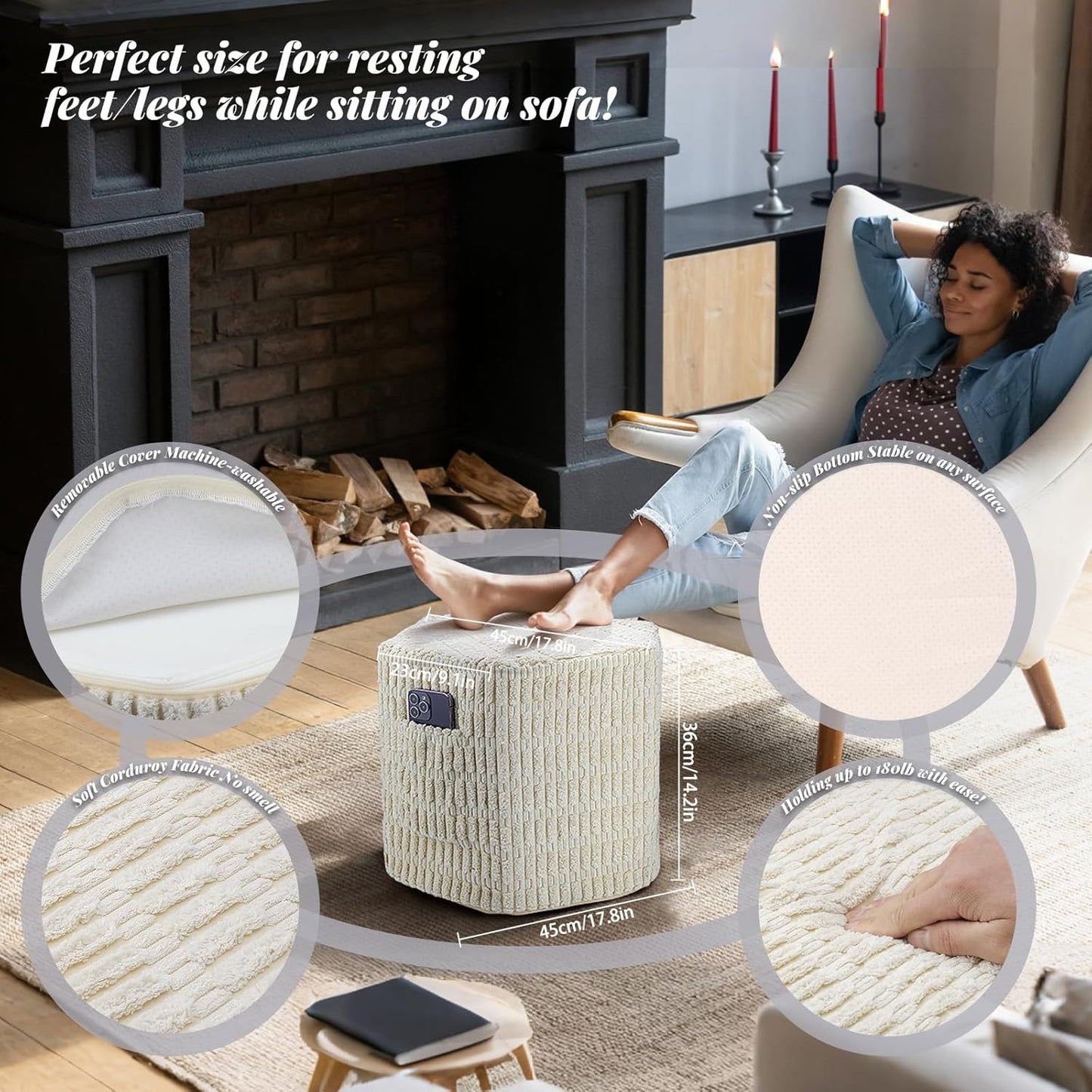 Hexagon Pouf Ottoman Stuffed with 2 Pockets & Handle, Comfort Corduroy Poufs, Non-Slip Foot Stool Storage Ottoman, Foam Floor Poufs Foot Rest for Couch, Bedroom (Beige)