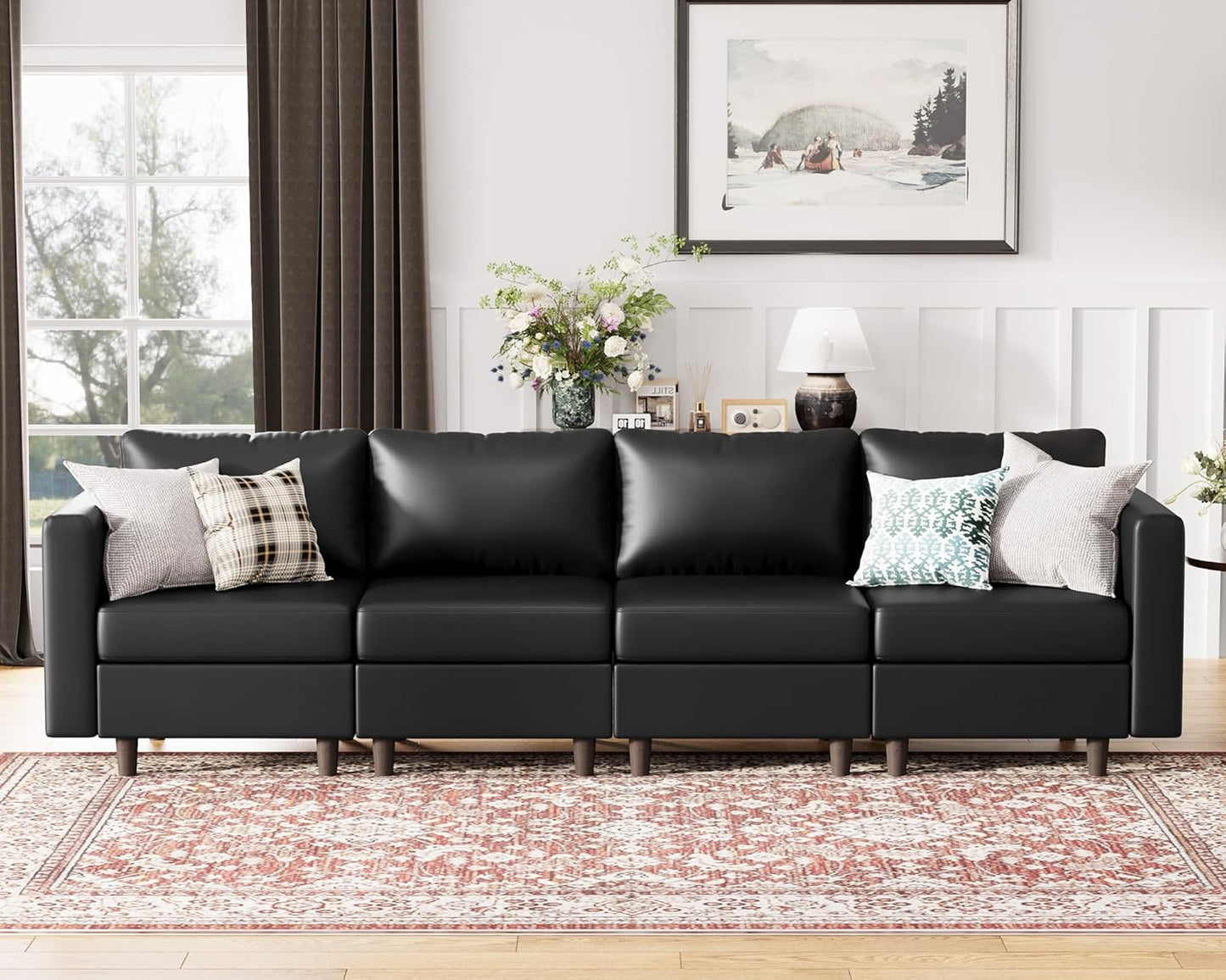 118.5" Faux Leather Modular Sectional Sofa with Storage Seat, Oversized 4 Seater Couch Deep Seat with Removable Cover Black