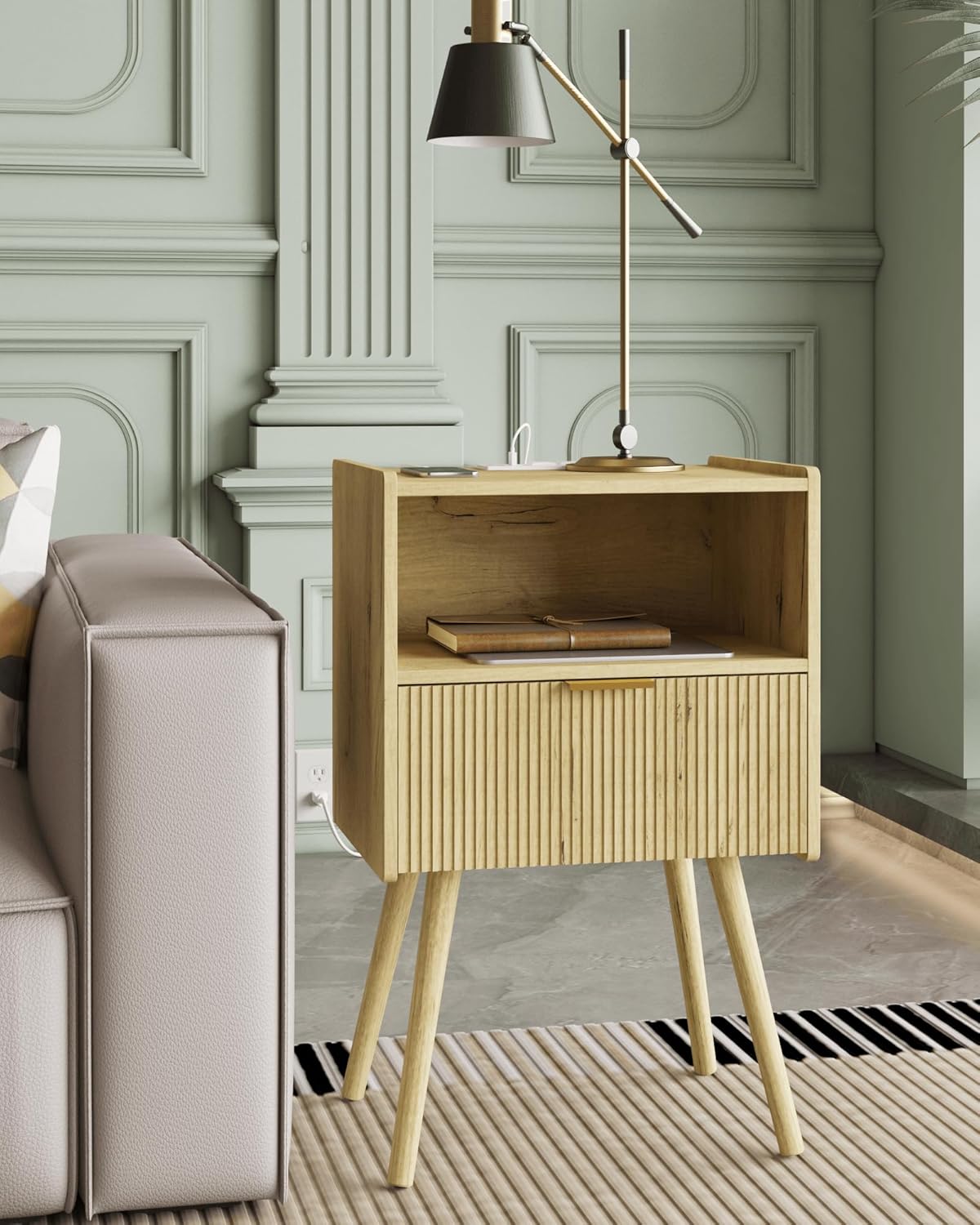 Nightstand,Modern Bedside Table with Storage Drawer and Open Wood Shelf, Accent Night Stand with Solid Wood Legs for Living Room, Bedroom and Small Spaces,Easy Assembly (Yellow Oak-Outlet)