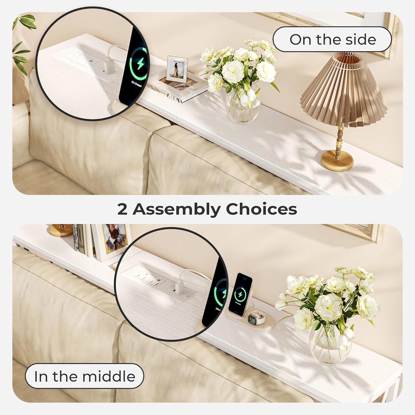 SUPERJARE 70 Inch Console Table with Outlets and USB-C Port, Extra Long Behind Couch Sofa Table with X-Shaped Design, Narrow for Entryway, Living Room, Metal Frame, Wooden Top, White