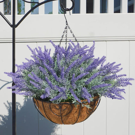 Artificial Hanging Flowers with Basket Fake Summer Lavender for Outdoor Decor, 12 Bundles Faux Purple Outside Decoration Realistic UV Resistant Plants for Porch Balcony Patio Garden Yard