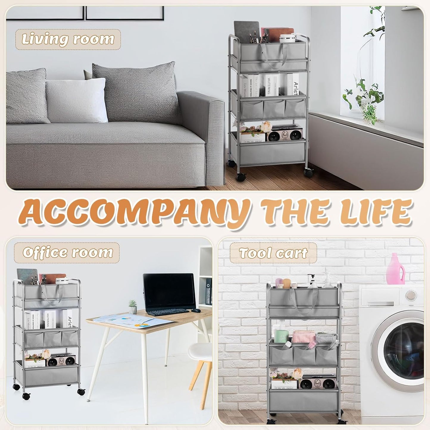 Honeydak 2in1 Baby Diaper Caddy Organizer Cart 3 Tier Large Capacity Metal Utility Bedside Rolling Cart with Divider for Newborn Nursery Essential Must Have for Crib Bedroom Baby Shower(Gray)