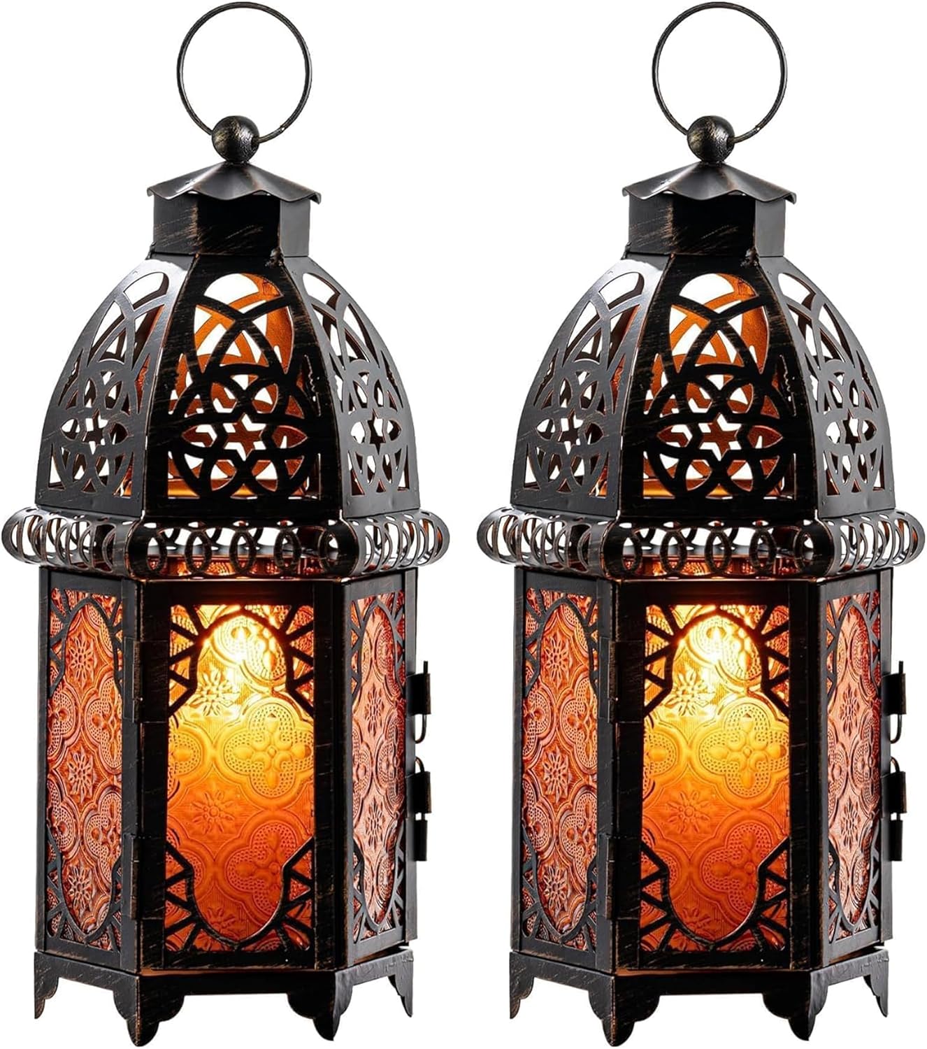 NEEDOMO Set of 2 Hanging Moroccan Lantern, 12.8'' Vintage Candle Holder, Metal Lanterns Decorative Indoor Outdoor, Table, Patio, Porch, Shelf, Ramadan Decorations (Amber)