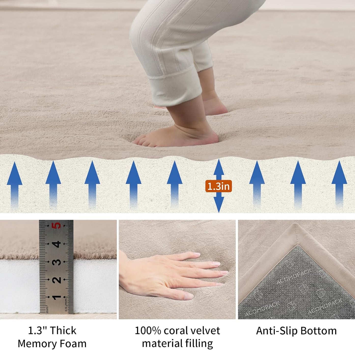 ACOMOPACK Baby Play Mat for Floor,1.3" Thick Memory Foam Area Rug for Living Room,Soft Velvet Crawling with Non-Slip Bottom for Kid,Toddler,59"×71" Tummy Time Nursery Rugs,Yoga（Beige）