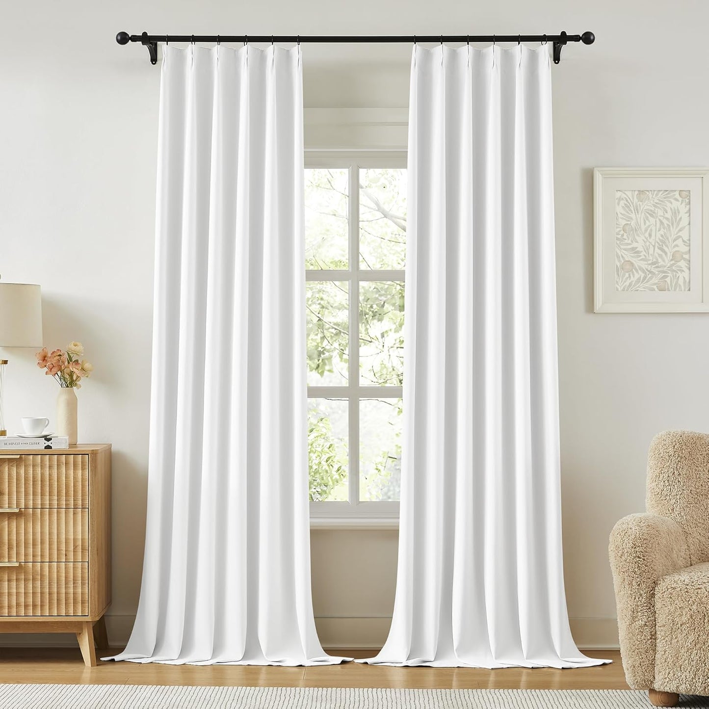 KangBang 2PCs White Pinch Pleat Wide Drapes for Sliding Door 60Wx105L Inches, Room Darkening Privacy Assured Polyester Curtains & Drapes Ceiling to Floor for Locker Room Living Room Basement