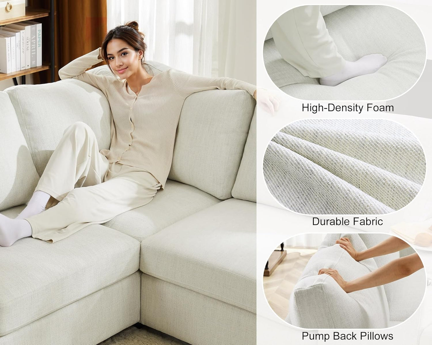 L Shaped Sectional Sofa with Detachable Sofa Cover,Rolled Armrest,Sectional Modular Couch for Living Room,Breathable Linen Fabric Corner Couch with 7 Seats for Apartment,Removable Cushion,Ivory