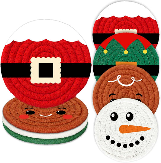 Whaline Christmas Cartoon Cotton Coasters Funny Santa Gingerbread Snowman Handmade Braided Drink Coasters Absorbent Cup Mats for Xmas Holiday Party Home Table Decor, Set of 4