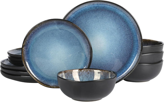 Gibson Elite Nardini 12 Piece (Service for 4) Plates and Bowls Reactive Glaze Dishes Stoneware Ceramic Dinnerware Set - Black and Blue