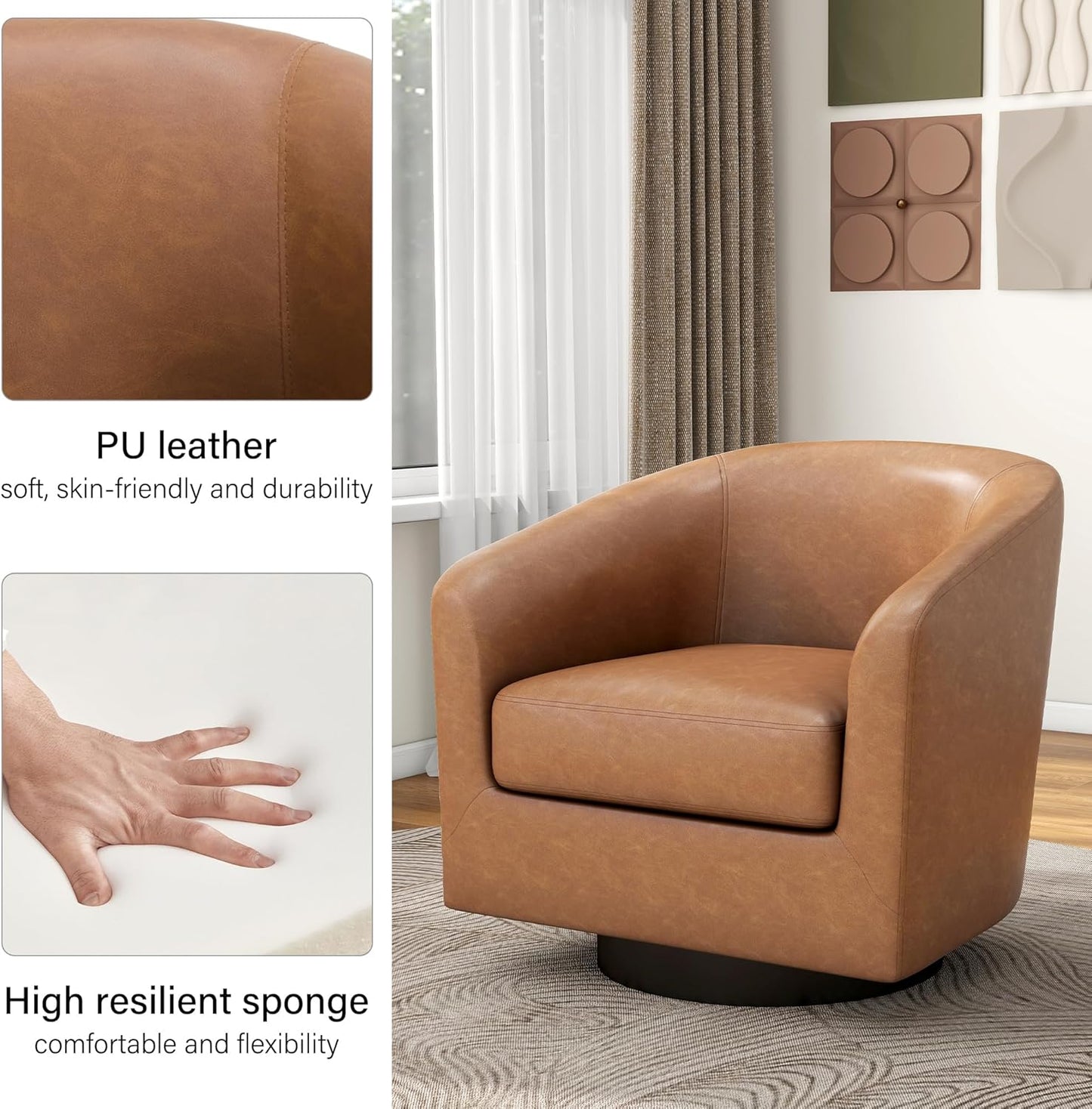 Swivel Barrel Accent Chair, Modern Round Faux Leather Arm Chair for Living Room, Bedroom, Comfy Club Reading Chairs for Adults-Faux Leather, Brown, Set of 1