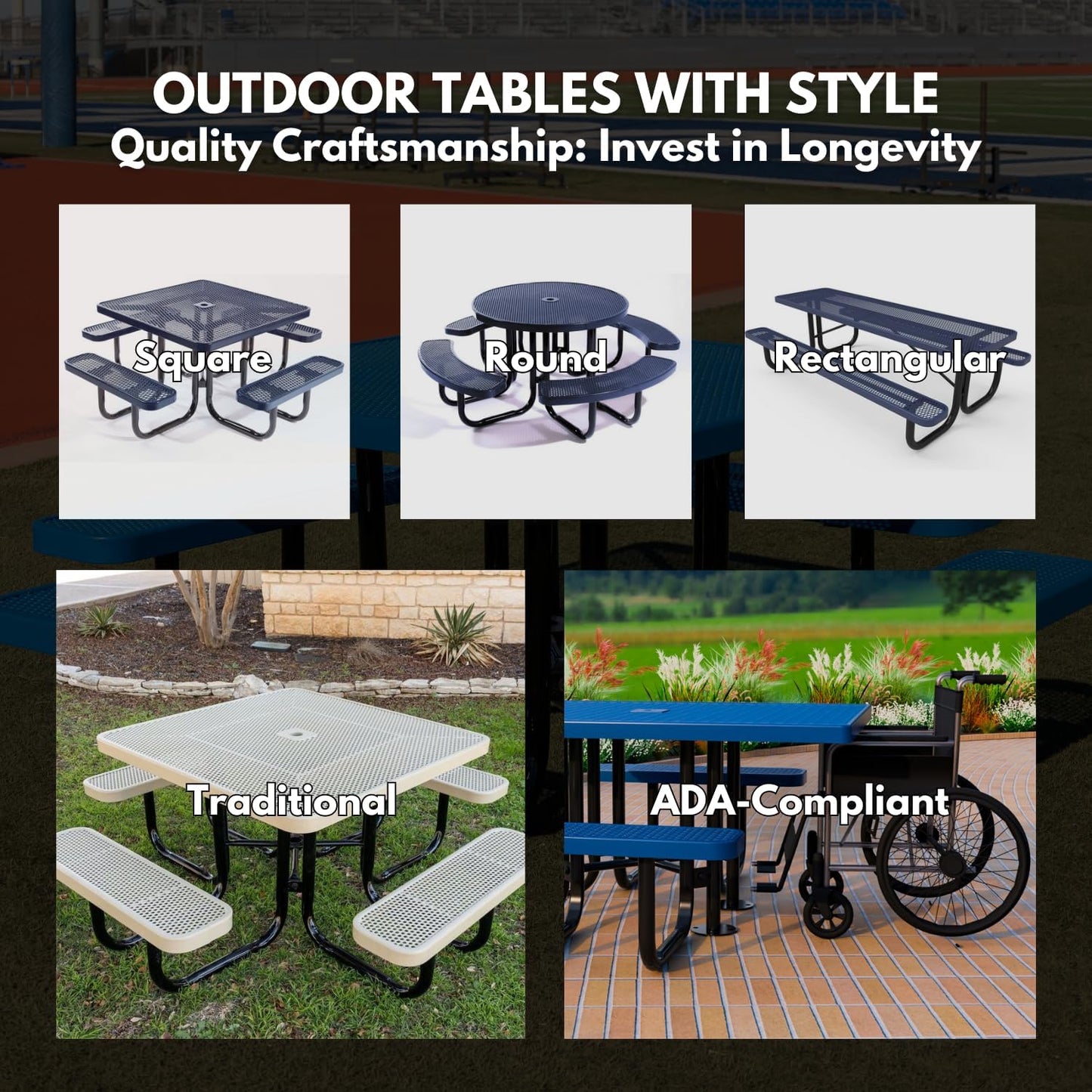Heavy-Duty Portable Outdoor Picnic Table with Umbrella Hole, Expanded Metal Patio Dining Furniture Made in America (46" Round Top, Tan)