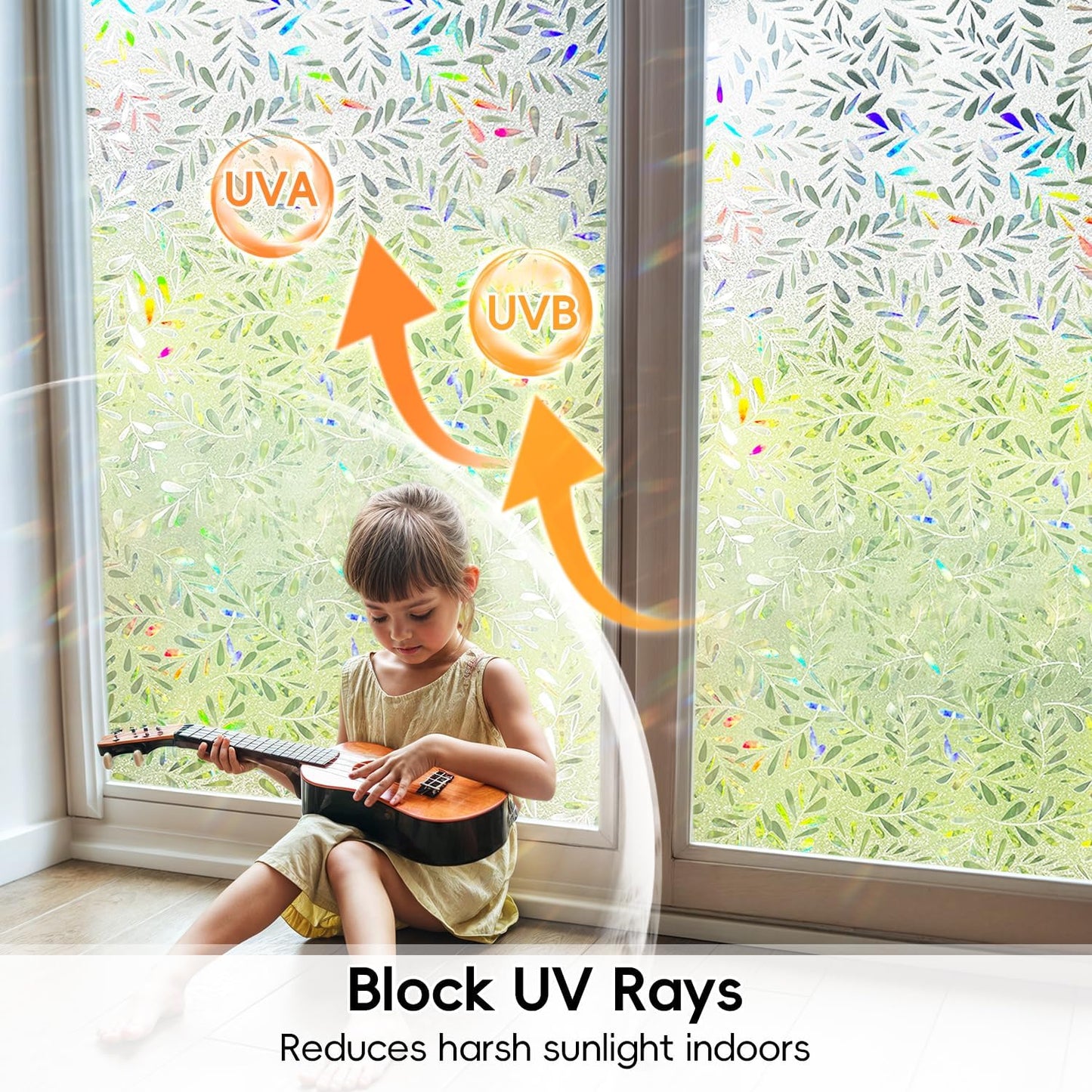 DUOFIRE Window Privacy Film Rainbow Window Film Decorative Leaves Pattern Window Cling Frosted Reusable Anti-UV Non-Adhesive Static Cling Privacy Film for Home Office 35.4 × 78.7 inches