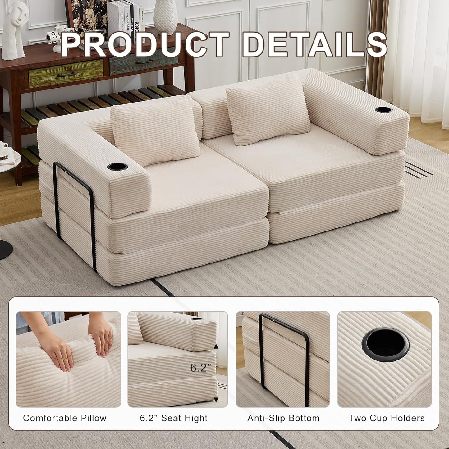 78" W Loveseat Sofa, 4 in 1 Convertible Floor Sofa Bed, Boneless Cloud Couch with Cup Holder, Fold Out Floor Couch, Loveseat Recliner Sleeper for Living Room Bedroom Lounge(Corduroy, White)