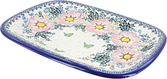 Blue Rose Polish Pottery Apple Blossom Large Rectangular Serving Platter