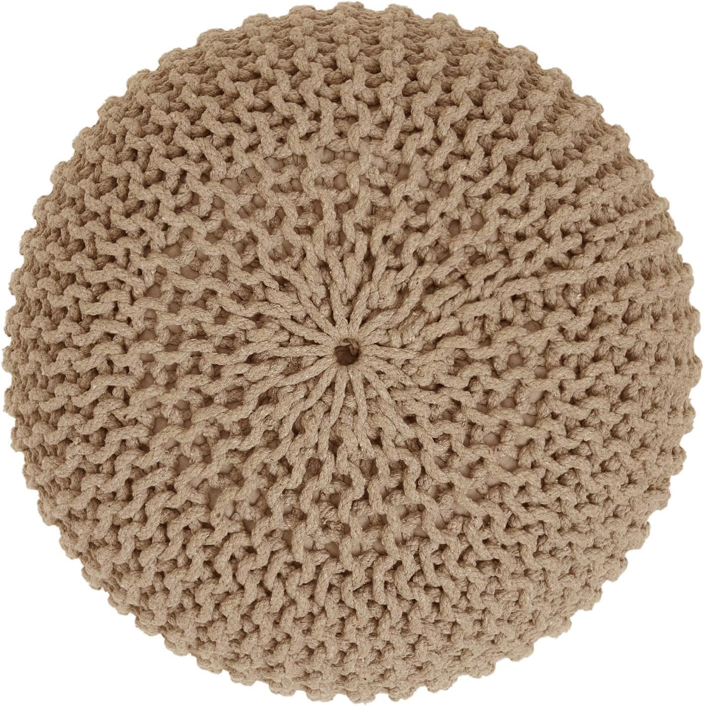 REDEARTH Round Pouf Ottoman - Hand Knitted Cable Boho Poof Home Décor Pouffe Circular Footrest for Living Room - Bedroom - Lounge - 100% Cotton (19.5"x19.5"x14") - Beige