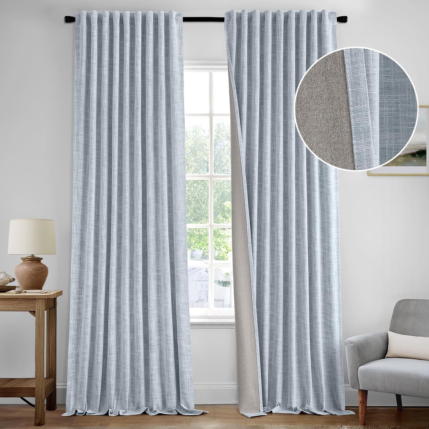 MIULEE Light Blue 100% Blackout Linen Curtains 102 Inch 2 Panels Set Double Sided No Coating Pinch Pleated Back Tab Floor to Ceiling Black Out Thermal Insulated Bedroom Living Room Darkening Drapes