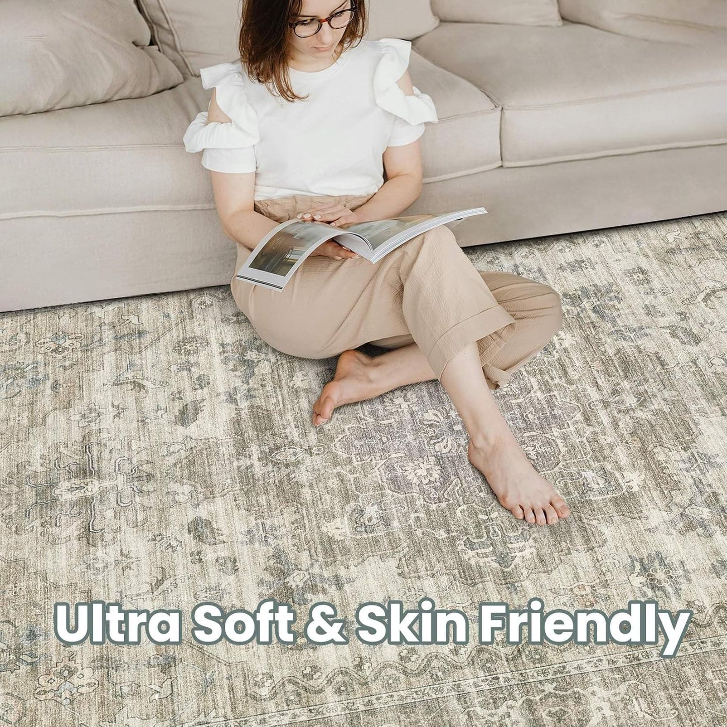 Washable Area Rugs for Living Room -10x12 Neutral Vintage Distressed Floral Farmhouse Boho Large Soft Floor Rug Indoor Non Slip Carpet for Living Room Bedroom Dining Room Office -Brown/Tan