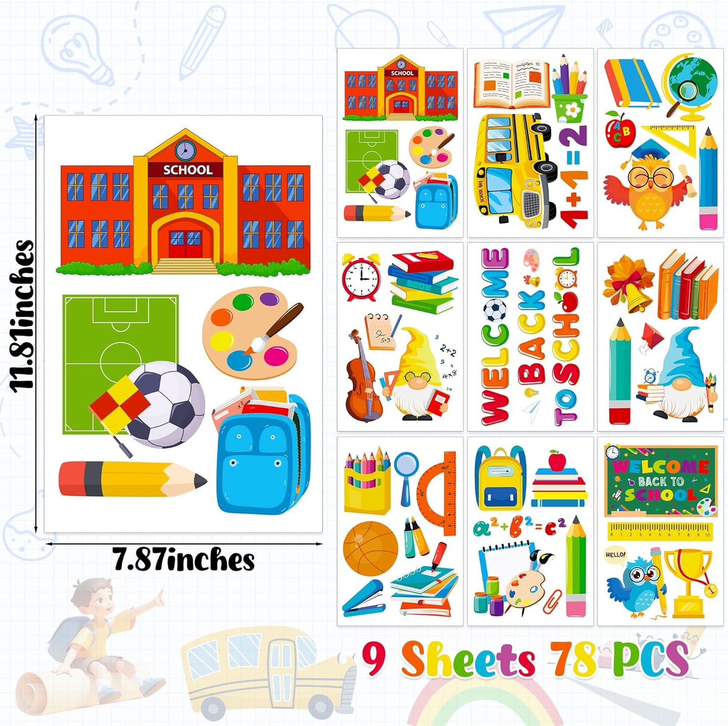 9 Sheets Back to School Window Clings, Double-Sided Window Clings for Classroom, Bus Apple Pencil First Day of School Book Window Stickers for First Day of School Decorations Supplies Decor