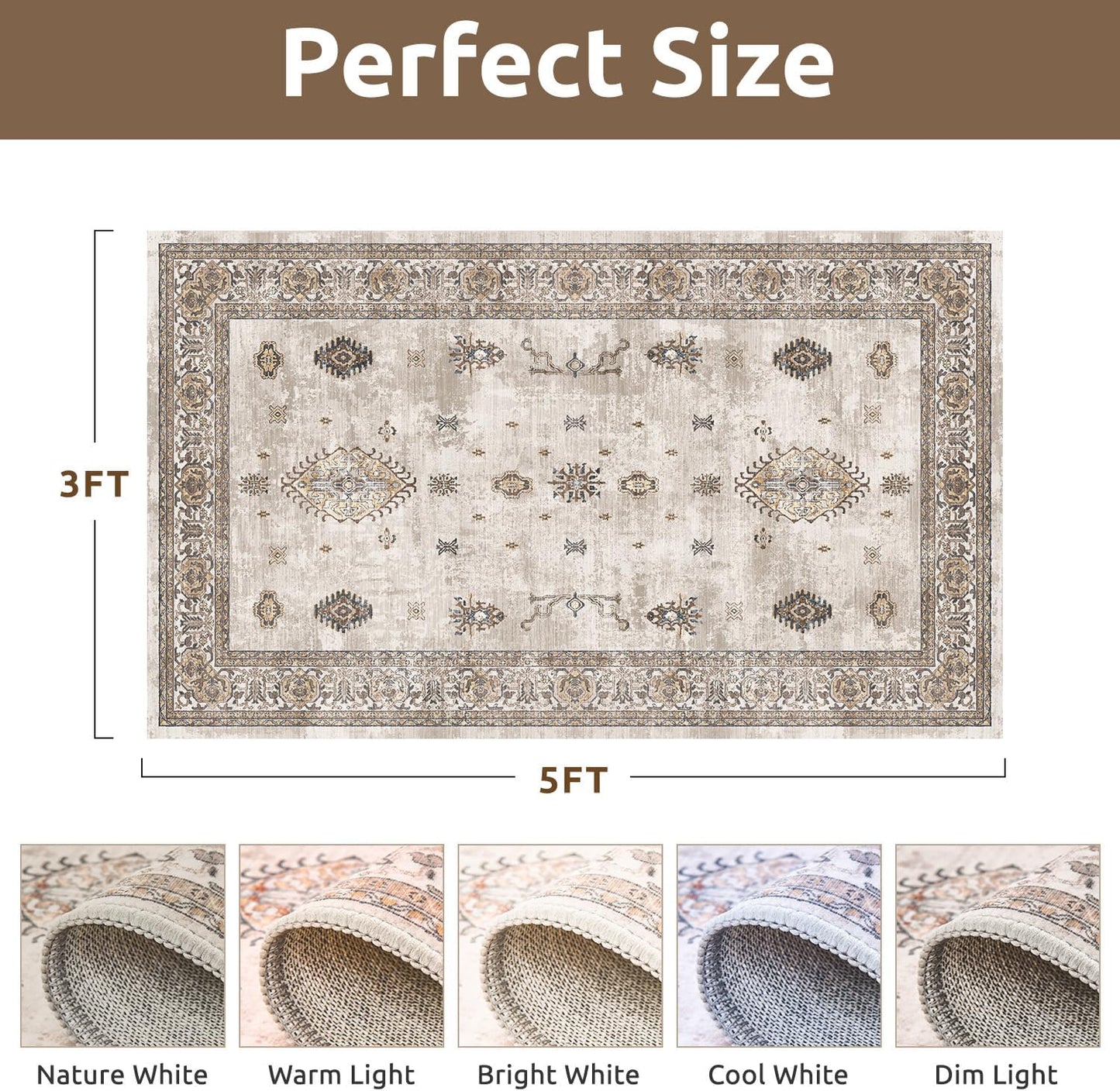 AMOAMI-Vintage Area Rug 3x5 Brown Rugs for Living Room-Soft Washable Rug Non Slip Entryway Rug Indoor Vintage Throw Accent for Bedroom Laundry Room Dining Bathroom Bedside