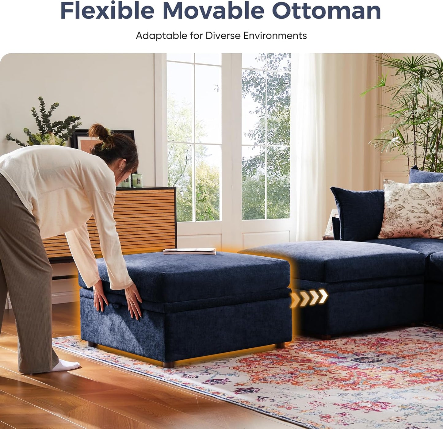 134.6" Oversized Modular Sectional Sofa, Large 7 Seater U Shaped Couch with Storage Ottoman with Reversible Chaise Deep Seat for Living Room, Apartment - Chenille Blue