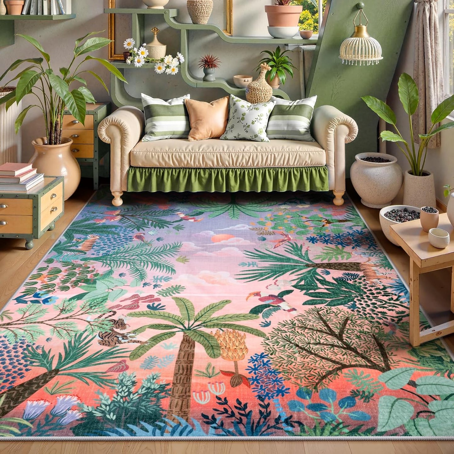 LIVEBOX Jungle Rugs 5x7 Kids Rugs for Bedroom Girls, Soft Lavender Rug for Nursery Baby Room, Non-Slip Girls Bedroom Rug, Machine Washable Purple Modern Dining Room Floor Carpet