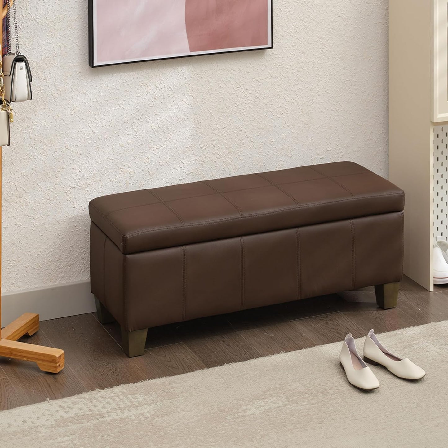 Brown Faux Leather Ottoman with Storage, Rectangular Extra Long Storage Bench for Bedroom and Living Room