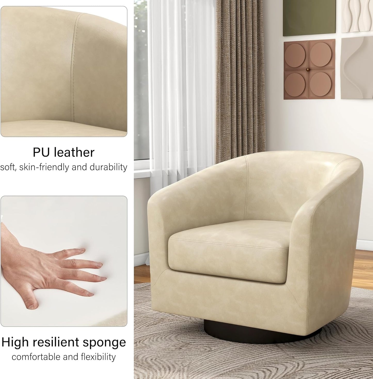 Swivel Barrel Accent Chair, Modern Round Faux Leather Arm Chair for Living Room, Bedroom, Comfy Club Reading Chairs for Adults(Faux Leather, Cream, Set of 2)
