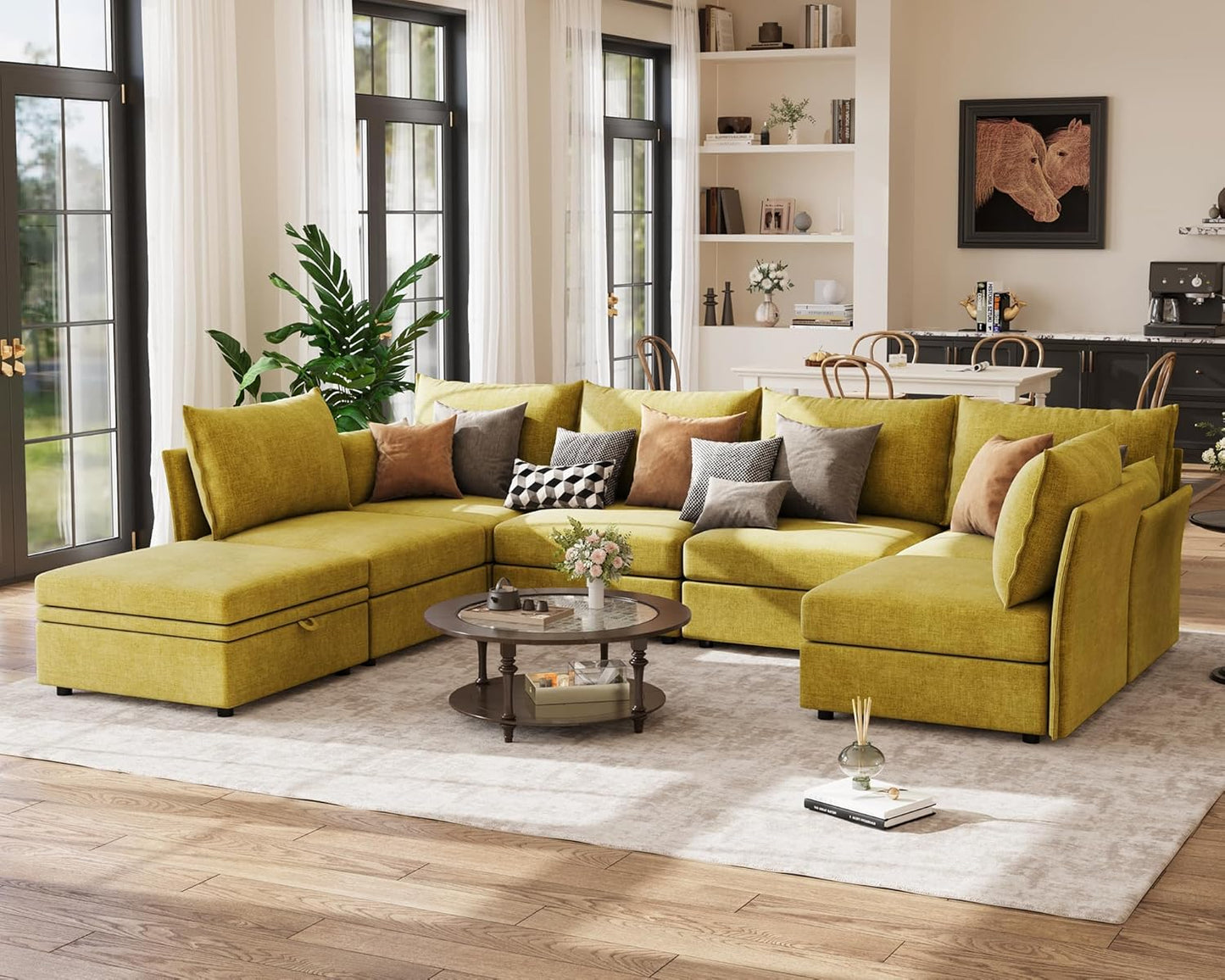 134.6" Oversized Modular Sectional Sofa, Large 7 Seater U Shaped Couch with Storage Ottoman with Reversible Chaise Deep Seat for Living Room, Apartment - Chenille Yellow