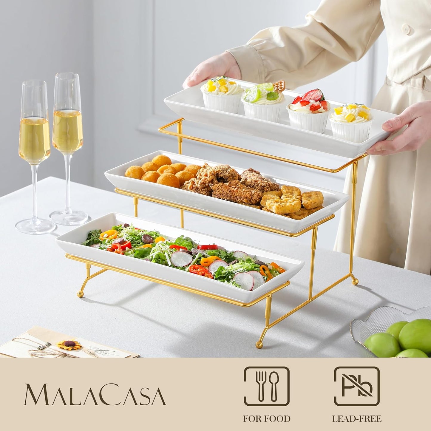 MALACASA 3 Tier Serving Trays for Party, 14 Inch Porcelain White Trays for Serving Food, Dessert Stand with Collapsible Gold Metal Rack