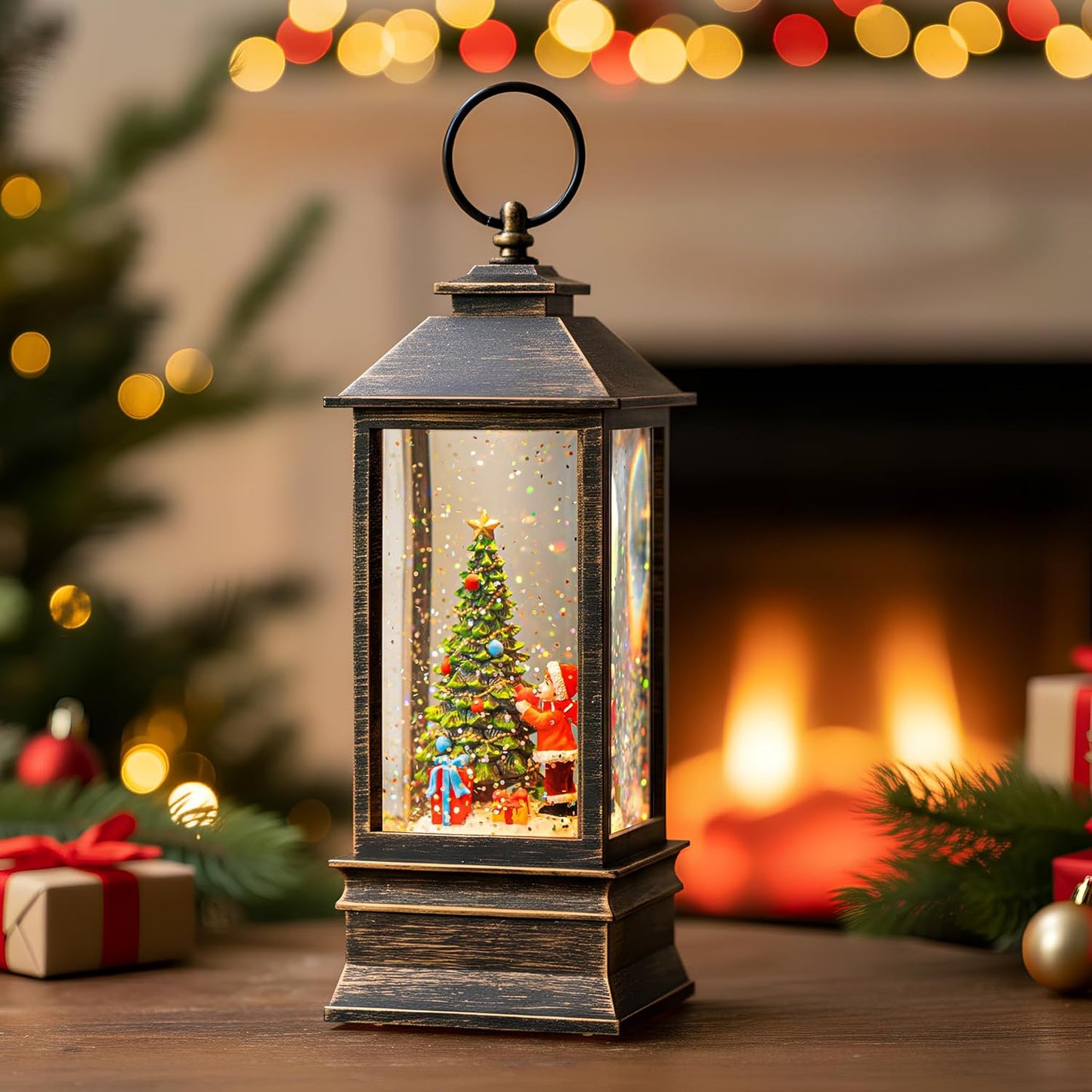 10'' Snow Globe Christmas, Musical Lighted Water Lantern with Swirling Glitter Decoration for Christmas Home, Living Room, Battery Operated or USB Powered (Christmas Tree)