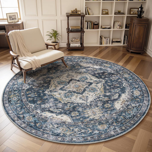 AMOAMI-6FT Round Rug-Rugs for Living Room-Vintage Soft Blue Rugs for Bedroom-Non Slip Circle Rug-Machine Washable Rug for Dining Room Living Room Bedroom Office Under Table