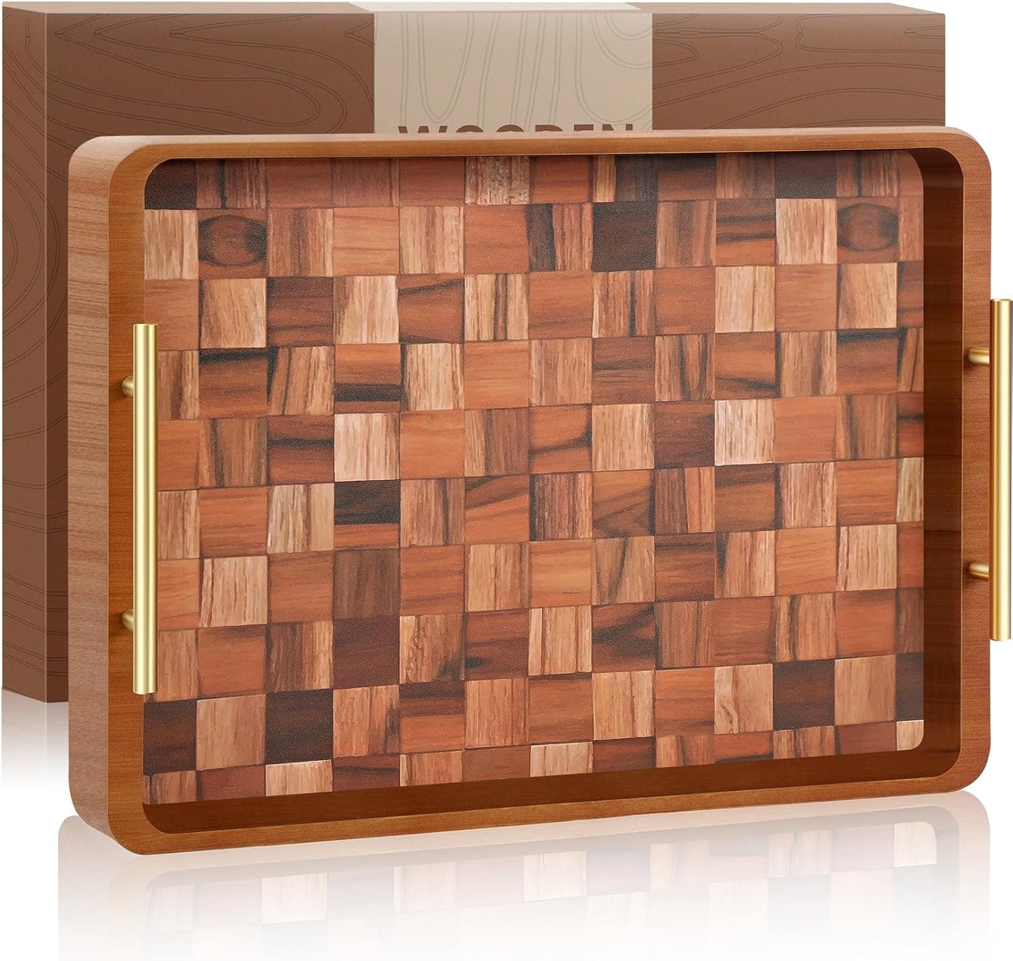 Wooden Serving Tray with Handles Mat, Decorative Coffee Table Trays, Wood Ottoman Tray for Serving Food Drink Breakfast Dinner,1 Pcs