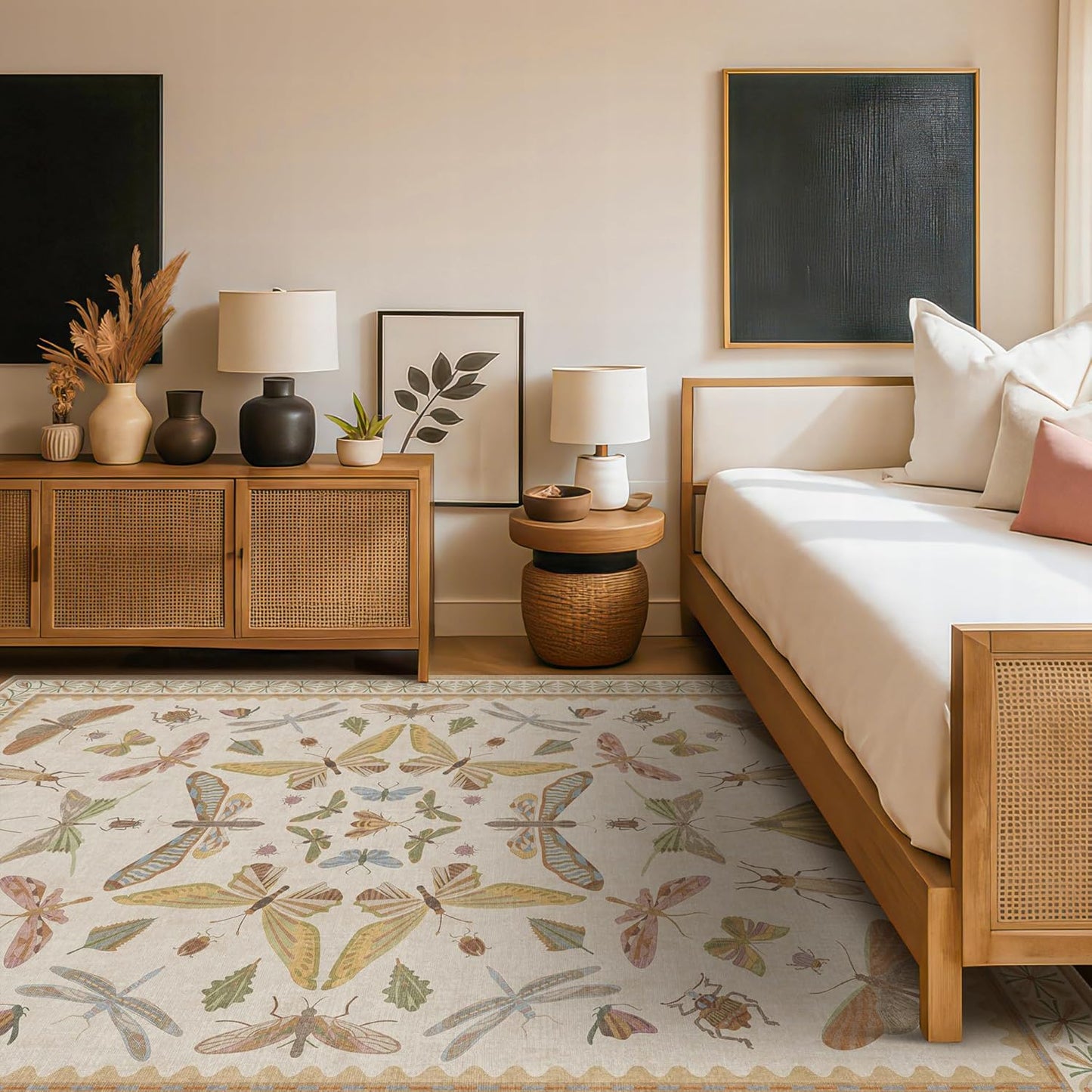 Beige Dining Table Rug - 6x9 Area Rugs for Bedroom, Living Room, Cute Kids Room, Large Fun Insect Butterfly Vintage Non-Slip Décor, Low Pile Stain Resistant